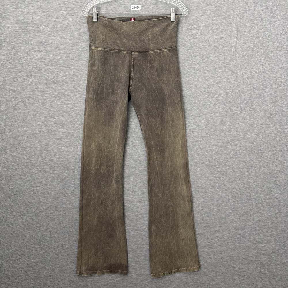 T Party Women's Large Brown Acid Wash Pull On Flare Roll Down Pants